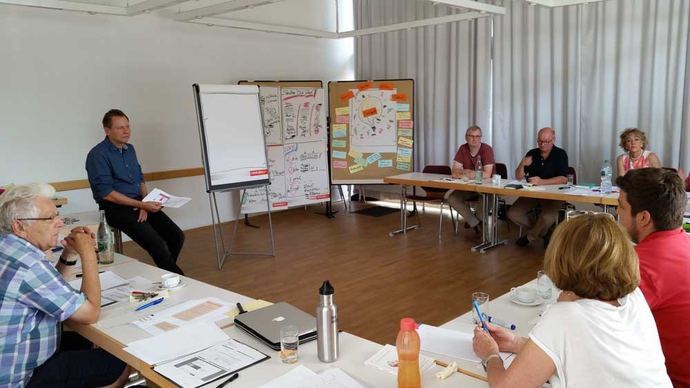 Teilnehmende der TextWerkstatt am Konferenztisch